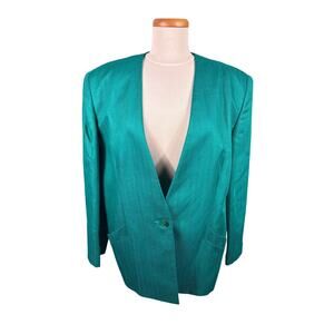 Jos A Bank Blazer Jacket Made in USA Women's Size 16 Green Linen Blend Pockets